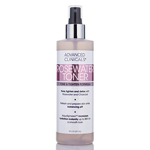  8oz Advanced Clinicals Rosewater Toner with Charcoal and Aloe Vera. Balancing PH formula detoxifies and hydrates skin and improves overall skin tone. Alcohol-free. (8oz)