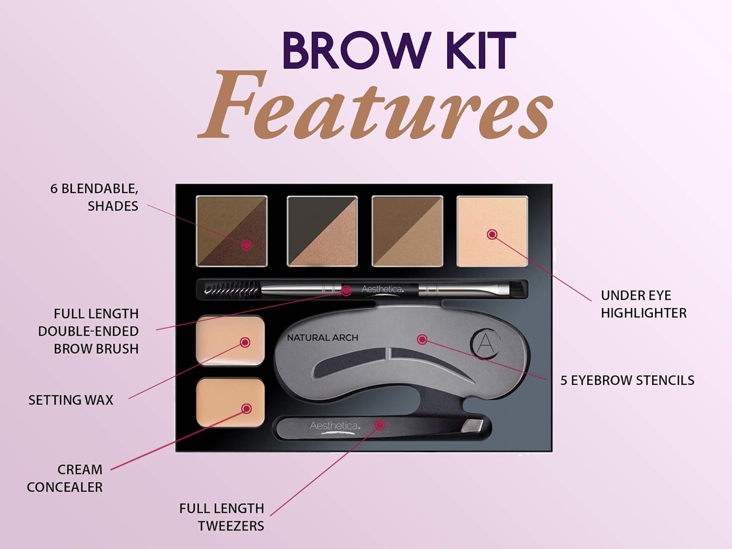  Aesthetica Brow Contour Kit - 16-Piece Eyebrow Makeup Palette - 6 Eyebrow Powders, 5 Eyebrow Stencils, Spoolie/Brush Duo, Tweezers, Brow Wax, Highlighter, Concealer & Instructions