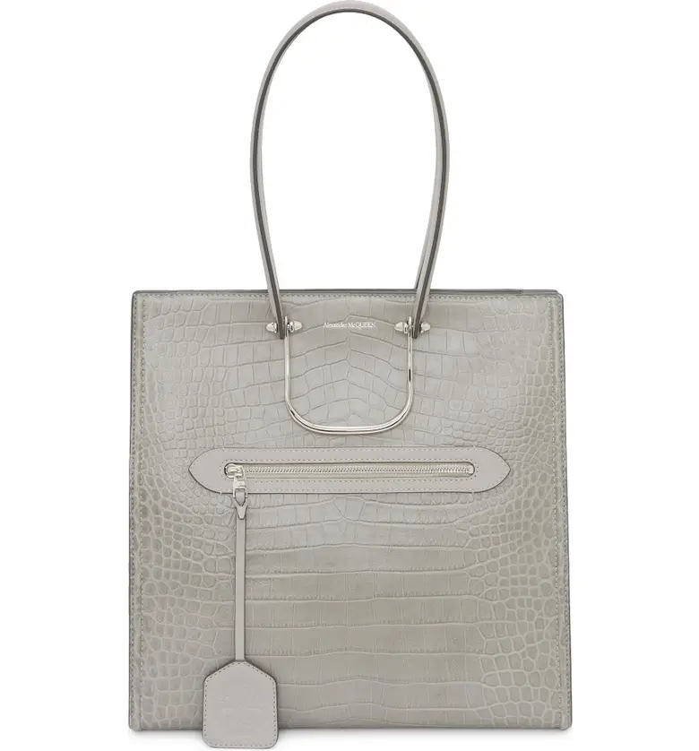 Alexander McQueen The Tall Story Croc Embossed Leather Tote_GREY