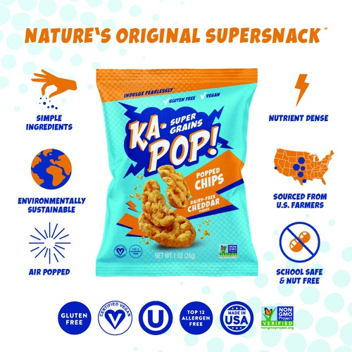  Ancient inGrained Ka-Pop! Popped Chips, Vegan Cheddar (3.25oz, Pack of 4) - Allergen Friendly, Sorghum, Gluten-Free, Paleo, Non-GMO, Whole Grain Snacks, As Seen on Shark Tank