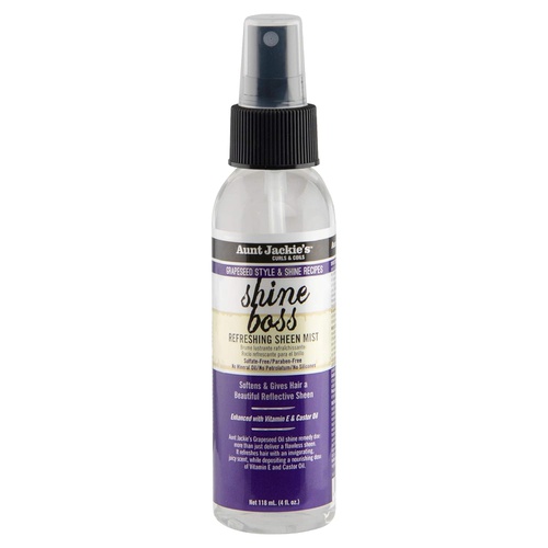  Aunt Jackies Grapeseed Style and Shine Recipes Shine Boss Refreshing Sheen Hair Mist, Gives Curls, Waves and Coils Shine Without Oily Feel, 4 oz