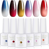 AwsmColor Color Changing Gel Nail Polish Yellow Pink Red White Glitter Blue, Warm Changing Soak Off LED Chameleon Nail Polish Set for Autumn Halloween Christmas Kit Gift DIY Manicu