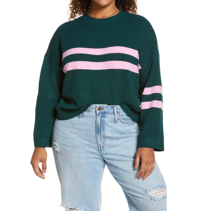 BP. Bold Stripe Recycled Blend Sweater_GREEN- PINK VARSITY STRIPE
