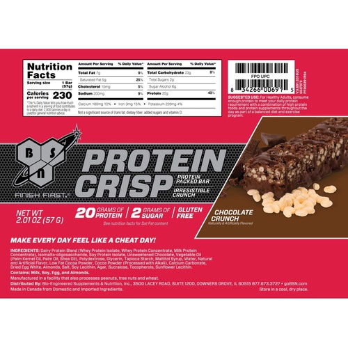  BSN Protein Bars - Protein Crisp Bar by Syntha-6, Whey Protein, 20g of Protein, Gluten Free, Low Sugar, Chocolate Crunch, 12 Count