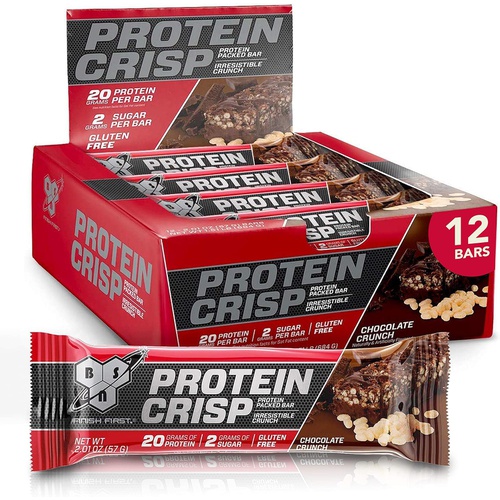  BSN Protein Bars - Protein Crisp Bar by Syntha-6, Whey Protein, 20g of Protein, Gluten Free, Low Sugar, Chocolate Crunch, 12 Count