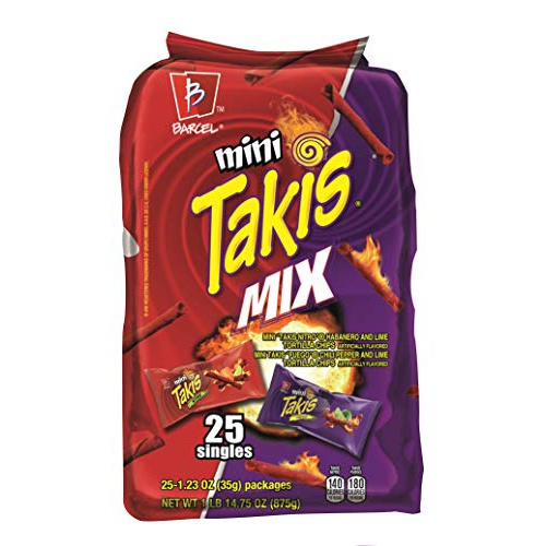  Barcel Mini Takis - Crunchy Rolled Tortilla Chips  Nitro and Fuego Flavor Mix, 25 Individual Snack Packs (1.2 oz)