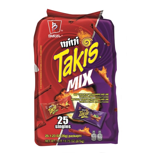  Barcel Mini Takis - Crunchy Rolled Tortilla Chips  Nitro and Fuego Flavor Mix, 25 Individual Snack Packs (1.2 oz)