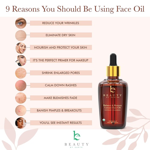  Beauty by Earth Organic Face Oil - Balance & Restore Facial Oil, Best for Oily, Acne Prone or Problematic Skin, Hydrating Oil for Face Helps Skin Look Balanced, Plump and Youthful