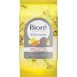 Biore Witch Hazel Pore Clarifying Cleansing Cloths, 30 Count, with No-rinse Dirt and Oil Removal, for Acne Prone Skin