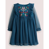 Boden Long Sleeve Tulle Dress - Baltic Blue Embroidered Flower