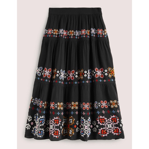 보덴 Boden Embroidered Tiered Skirt - Black Embroidery
