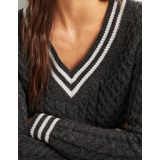 Boden Cable Knit V-neck Sweater - Charcoal Melange