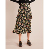 Boden Satin Ruffle Floral Midi Skirt - Black, Wild Cluster