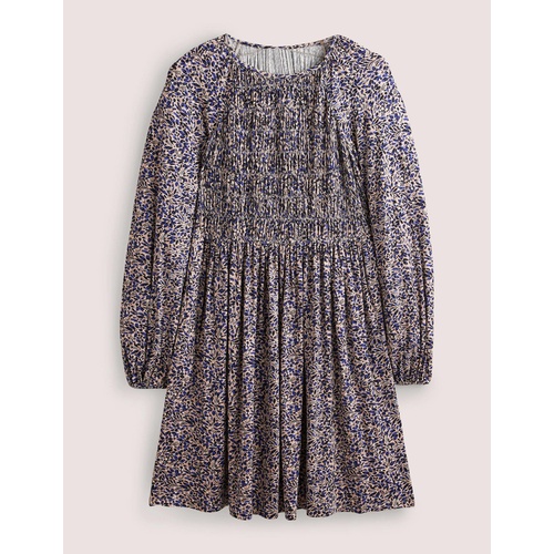 보덴 Boden Smocked Bodice Jersey Dress - Persian Blue, Leaf Cluster