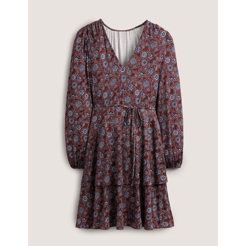 보덴 Boden Tiered Mini Jersey Dress - Spiced Apple, Floral Tapestry