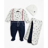 Boys Pinstripes & Suspenders Stretch Cotton Footie, Hat & Blanket Set - 6 Months