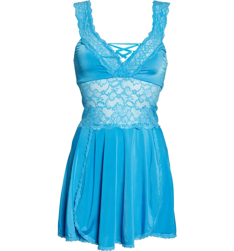  Coquette Lace Detail Babydoll Chemise & Thong_Blue