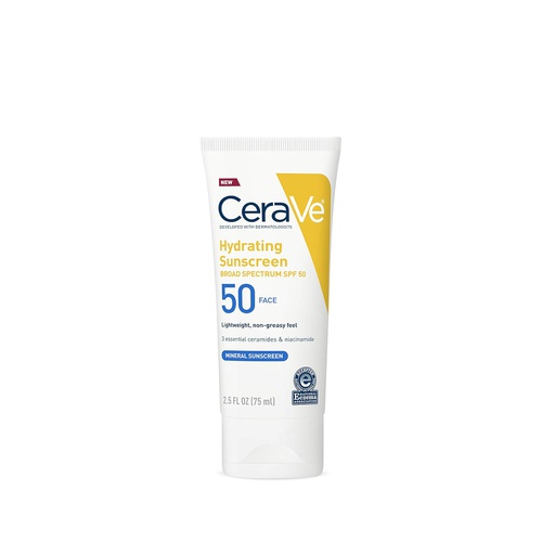  CeraVe 100% Mineral Sunscreen SPF 50 | Face Sunscreen with Zinc Oxide & Titanium Dioxide for Sensitive Skin | 2.5 oz, 1 Pack (Packaging May Vary)