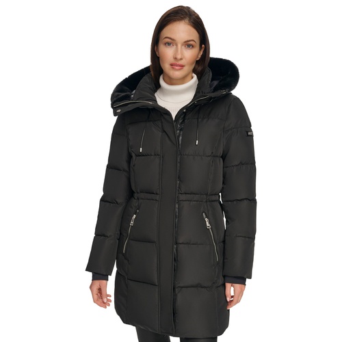 DKNY Womens Faux-Fur-Trim Hooded Anorak Puffer Coat