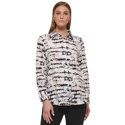 DKNY Womens Printed Collared Button-Down Shirt