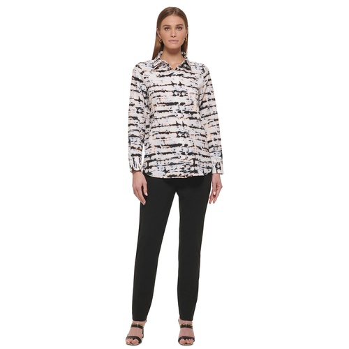 DKNY Womens Printed Collared Button-Down Shirt