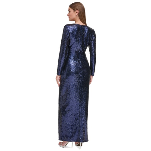DKNY Womens Long-Sleeve Side-Ruched Sequin Gown