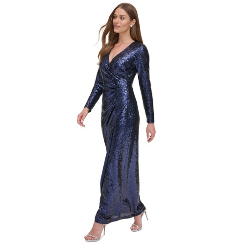 DKNY Womens Long-Sleeve Side-Ruched Sequin Gown