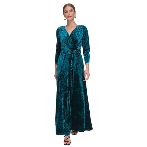 DKNY Womens Crushed-Velvet Belted Faux-Wrap Gown