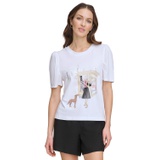 Womens Graphic-Print Puff-Sleeve T-Shirt