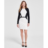 Womens Colorblocked Belted Long-Sleeve Dress