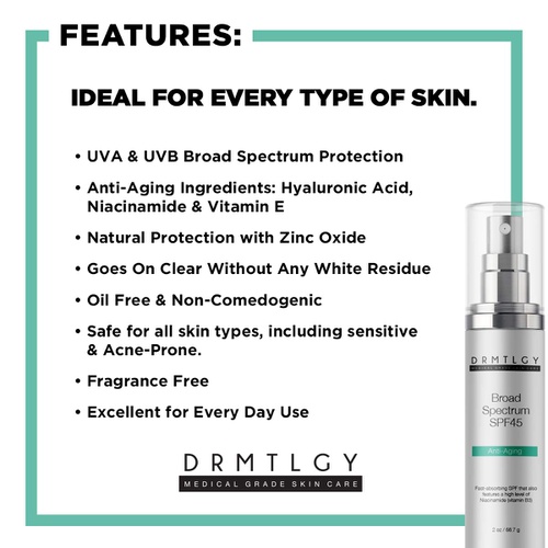  DRMTLGY Anti Aging Clear Face Sunscreen and Facial Moisturizer with Broad Spectrum SPF 45. Oil Free, Zinc Oxide Sunscreen For Sensitive Skin and Acne Prone Skin.