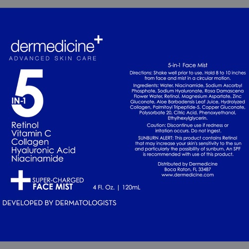  Dermedicine 5 in 1 Super Charged Anti-Aging Face Mist w/Retinol, Vitamin C, Collagen, Hyaluronic Acid & Niacinamide | Hydrates, Refreshes & Brightens for a More Glowing Complexion | 4 fl oz, 1