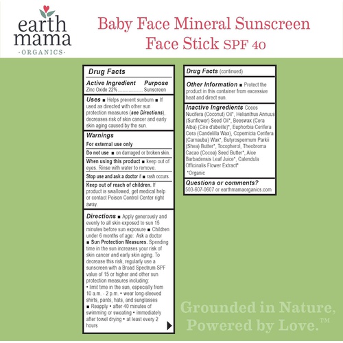  Baby Face Mineral Sunscreen Face Stick SPF 40 by Earth Mama | Reef Safe, Non-Nano Zinc, Contains Organic Shea Butter & Calendula, 0.74-Ounce