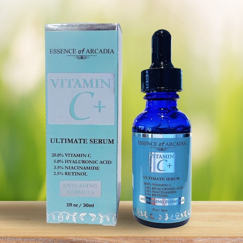  Vitamin C+ Serum for Face, Neck and Decollete - Professional Strength - Anti Aging Anti-Wrinkle Ultimate Facial Serum by Essence of Arcadia with 5% Hyaluronic Acid, 3.5% Niacinamid