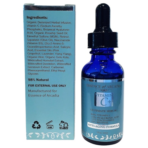  Vitamin C+ Serum for Face, Neck and Decollete - Professional Strength - Anti Aging Anti-Wrinkle Ultimate Facial Serum by Essence of Arcadia with 5% Hyaluronic Acid, 3.5% Niacinamid