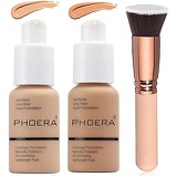 Firstfly 2 Colors Phoera Foundation 104 & 105 Full Coverage Foundation Liquid Makeup with Foundation Brush, Matte Oil Control Facial Blemish Concealer Foundation for Women (104#Buff Beige&1
