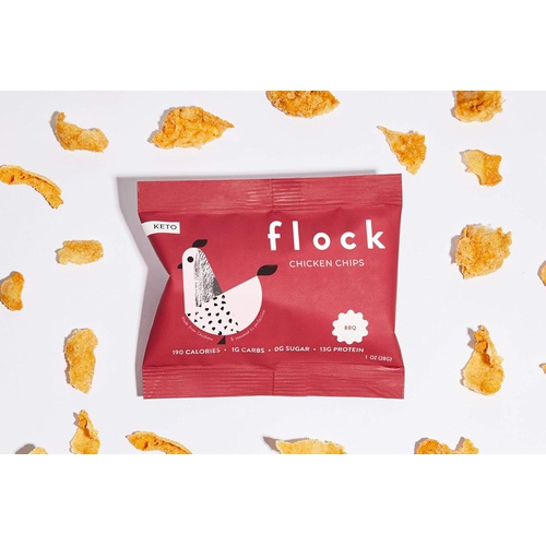  Flock Keto Chicken Skin Chips | 100% Real Chicken | Low Carb, High Protein, Sugar Free, Gluten Free Single Serve Snack | BBQ Flavor, 8-Pack