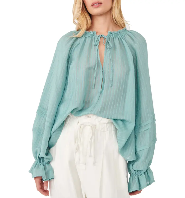 Free People Out of Town Split Neck Blouse_BLUE JADE