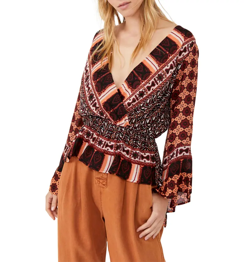Free People Rosalie Bell Sleeve Faux Wrap Top_CORAL COMBO