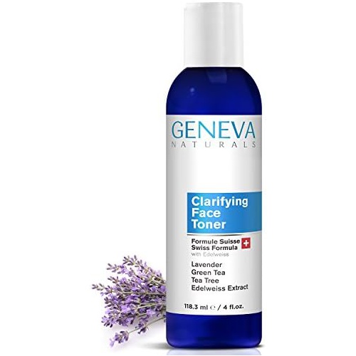  Geneva Naturals Clarifying Face Toner - Natural Swiss Anti-Aging Pore & Breakout Balance with Disinfectant - Features Lavender, Green Tea, Tea Tree Oil, and Edelweiss - Men & Women - 4oz