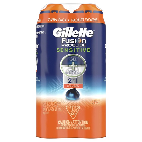  Gillette Fusion ProGlide 2 in 1 Shave Gel, Sensitive, Twin Pack, 6 Oz each, (Total of 12 Oz)