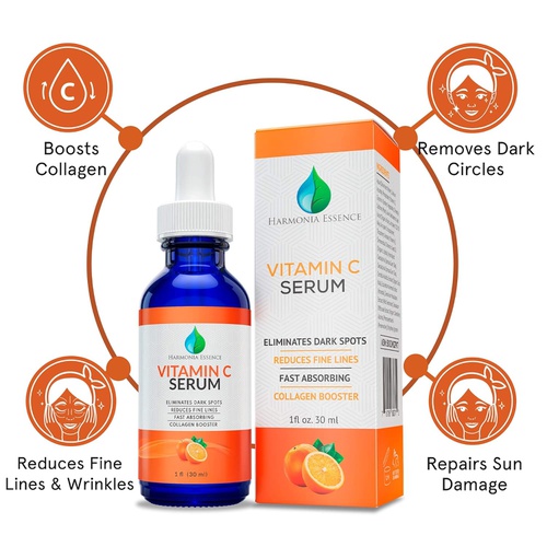  Harmonia Essence Vitamin C Serum - Natural Face and Skincare Solution - Anti-Aging Formula, Tightens Pores - Reduces Age Spots, Sun Damage, Scars, Fine Lines, Facial Wrinkles, Dark