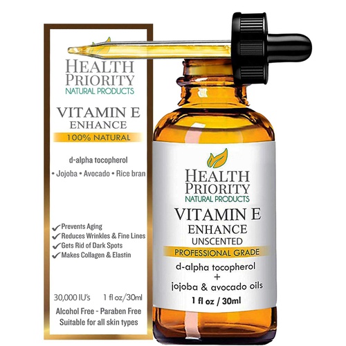  Health Priority Natural Products Organic Vitamin E Oil - Small Batch, Hand Made in South Carolina Using Sunflower Oil. Nourish Your Face and Repair Damaged Skin Naturally. (Unscented, 1 Fl Oz (Pack of 1))
