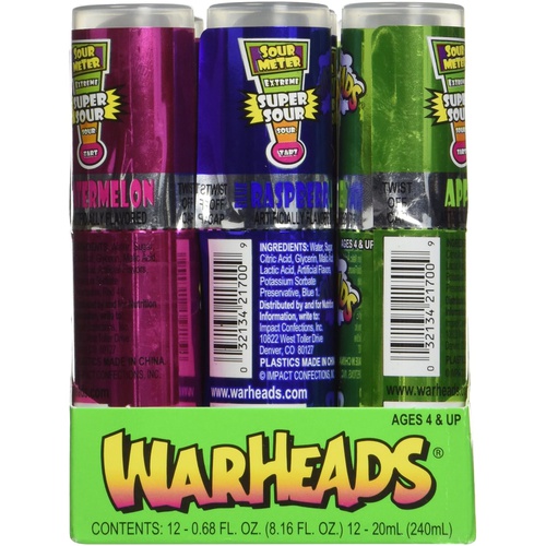  Warheads Super Sour Spray Candy Watermelon Cherry Green Apple Blue Raspberry Variety Pack 0.68 Ounce Bottles (Pack of 12) by Impact Confections