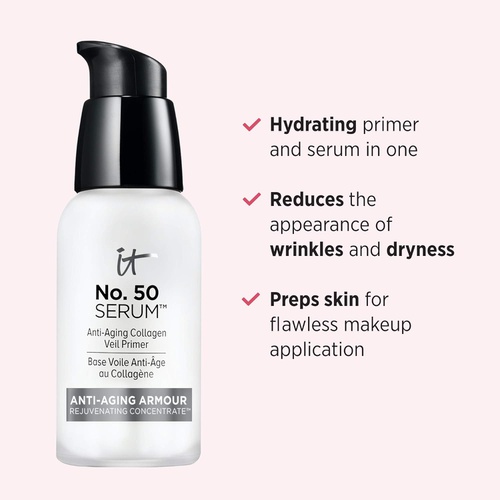  IT Cosmetics No. 50 Serum Anti-Aging Collagen Veil Primer - Hydrating Primer & Serum - Preps Skin for Makeup, Diffuses the Look of Pores - With Essential Oils, Vitamins, Hyaluronic