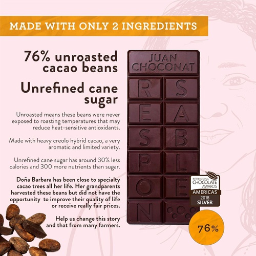  Juan Choconat Dark Chocolate (76% Unroasted Cacao) | 12 Pack | Premium Non-GMO Organic Dark Chocolate from Colombia -Gluten-Free, Vegan, and Fair Trade Chocolate - Responsible Choc