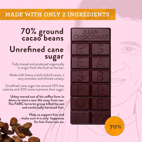  Juan Choconat Dark Chocolate (70% Cacao) Premium Non-GMO Organic Dark Chocolate from Colombia -Gluten-Free, Vegan, Fair Trade Chocolate - Responsible Chocolate Supports Farmers. 2.