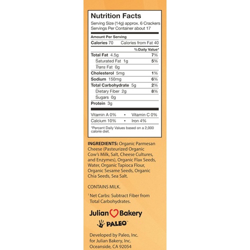 Julian Bakery Primal Thin Crackers | Parmesan | USDA Organic | Gluten-Free | Grain-Free | GMO Free | Low Carb | 2 Pack