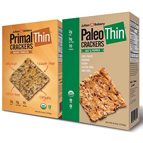  Julian Bakery Paleo & Primal Thin Crackers | Salt & Pepper & Parmesan | USDA Organic | Gluten-Free | Grain-Free | GMO Free | Low Carb | Variety 2 Pack