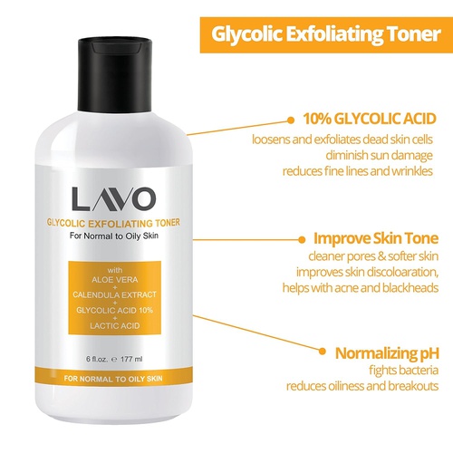 Glycolic Acid Toner 10% by LAVO - Facial Astringent for Oily, Problem, & Acne Prone Skin - Face Wrinkles and Fine Lines - Contains Lactic Acid & Vitamin C - Use with Pads - for Men